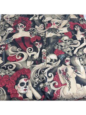 Las Elegantes Dark Smoke Alexander Henry Cotton Fabric Skulls Roses Tattoo 41X49